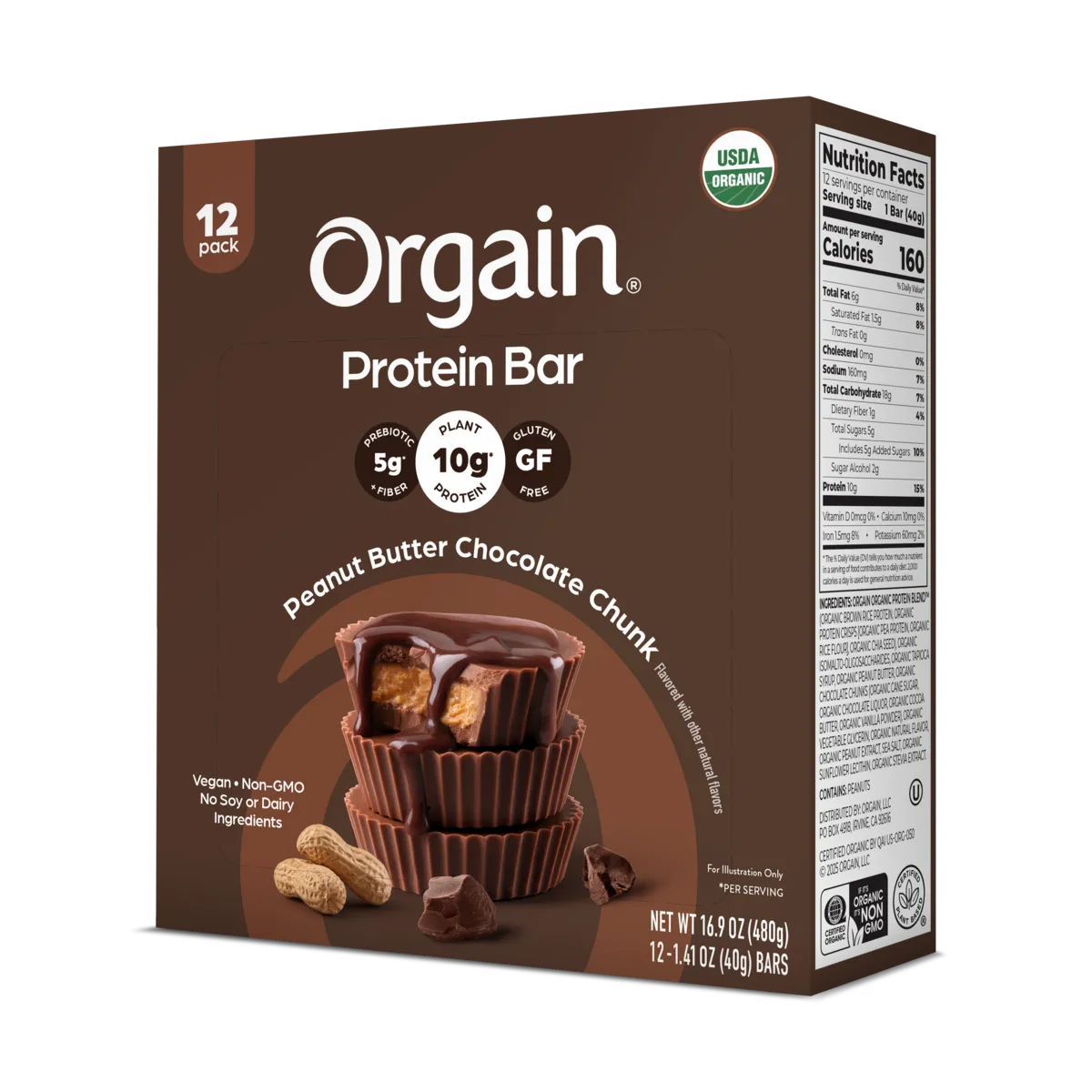 Angled Right side of Orgain Protein Bar - Peanut Butter Chocolate Chunk Flavor in the 12 Bars Size