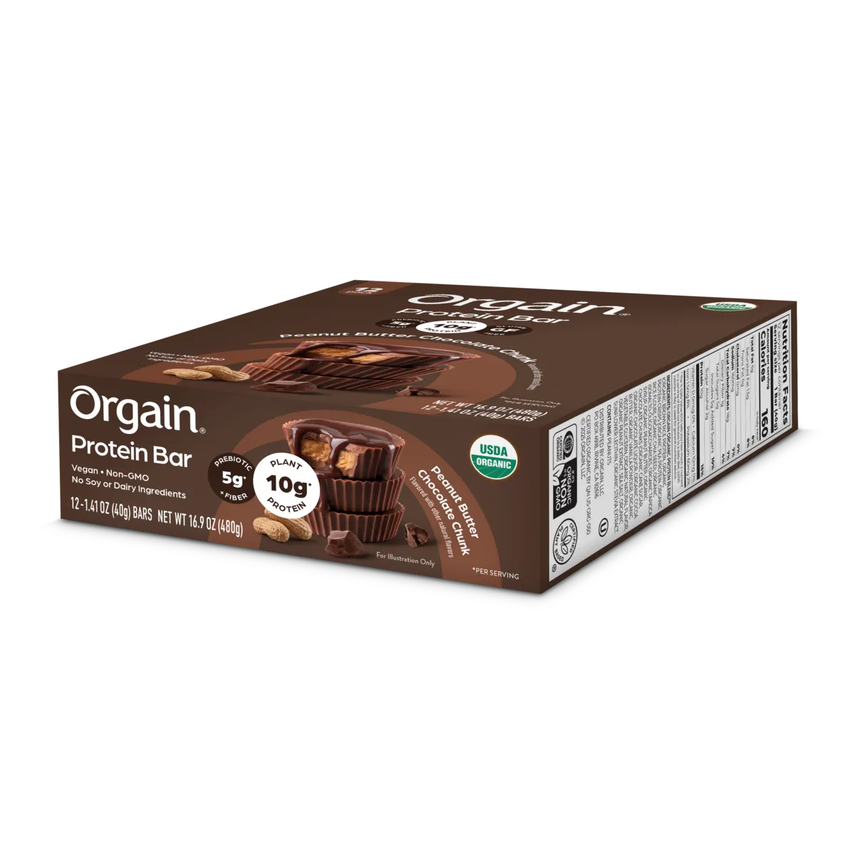 Angled top side of Organic Protein Bar - Peanut Butter Chocolate Chunk Flavor in the 12 Bars Size