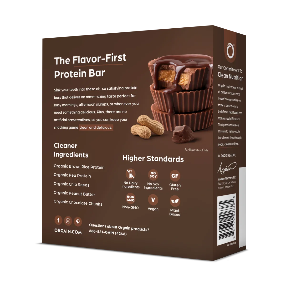 Rear Right side of Orgain Protein Bar - Peanut Butter Chocolate Chunk Flavor in the 12 Bars Size