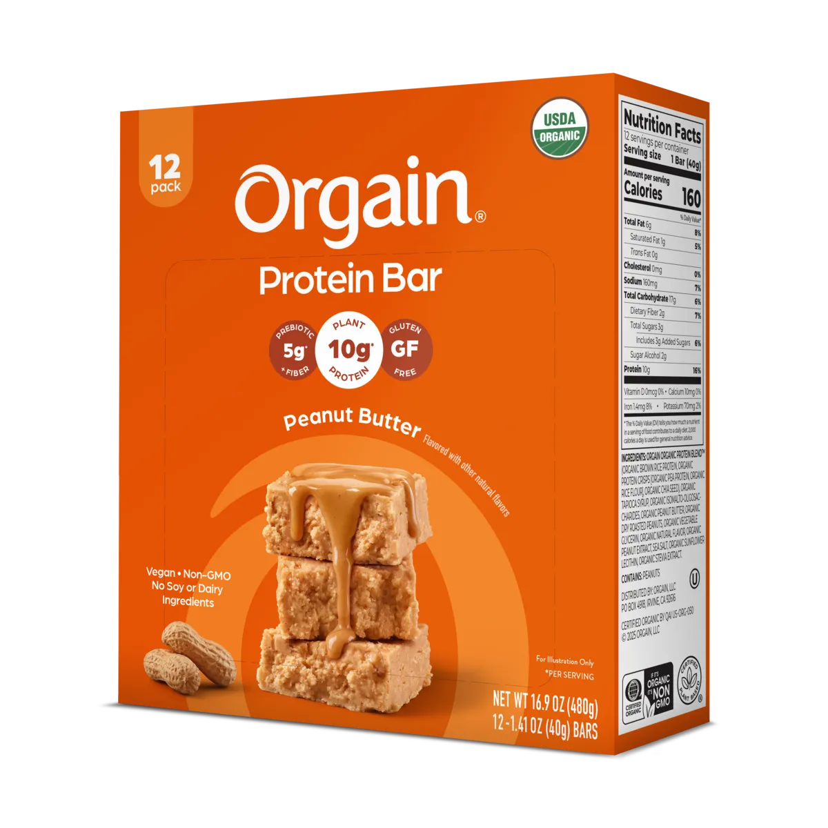 Angled Right side of Organic Protein Bar - Peanut Butter  Flavor in the 12 Bars Size 