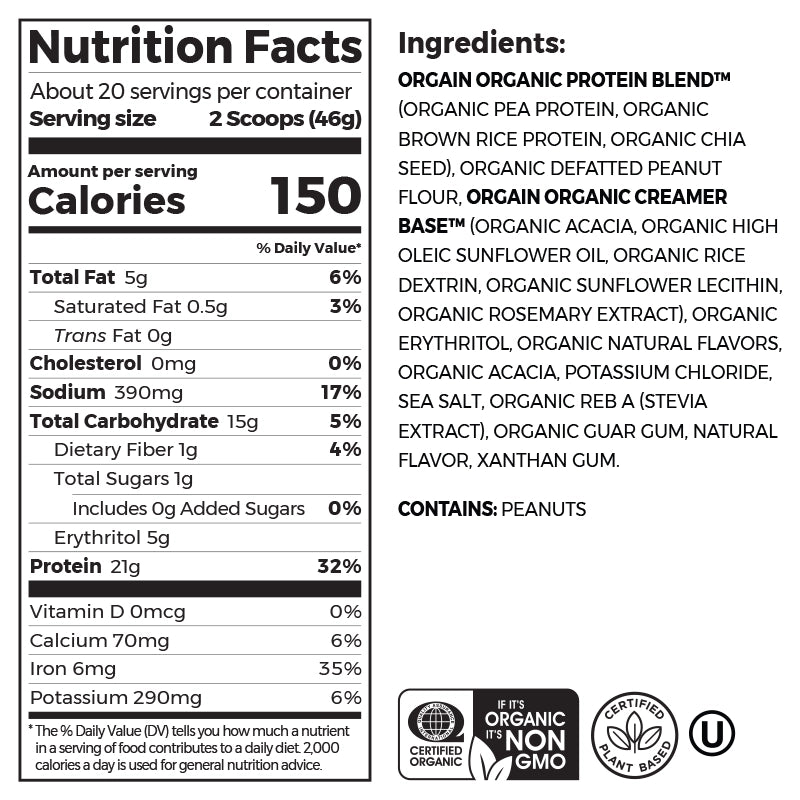 Nutrition fact panel and list of ingredients of Organic Protein Plant Based Protein Powder - Peanut Butter  Flavor in the 2.03lb Canister Size