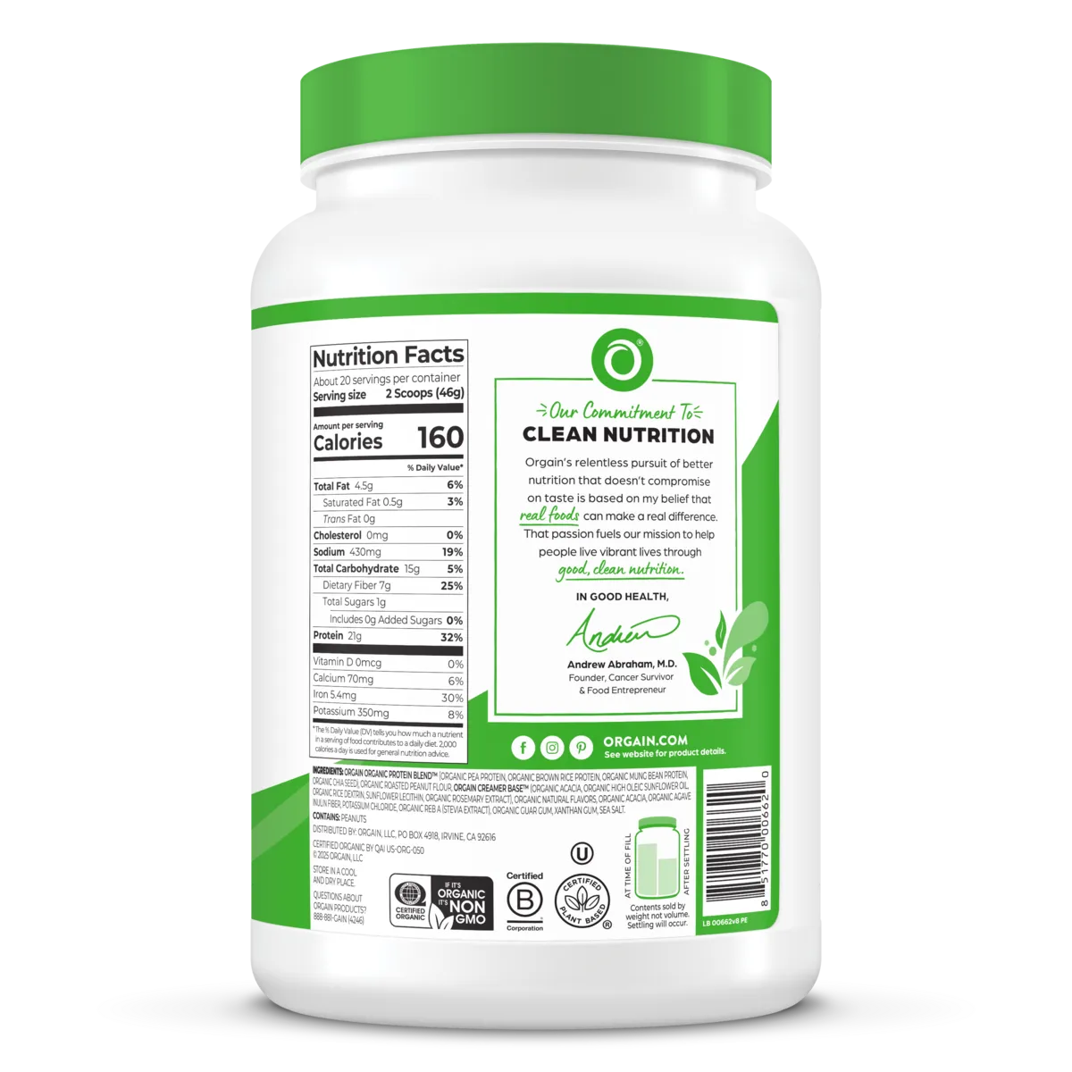 Right side of Organic Protein Plant Based Protein Powder - Peanut Butter  Flavor in the 2.03lb Canister Size