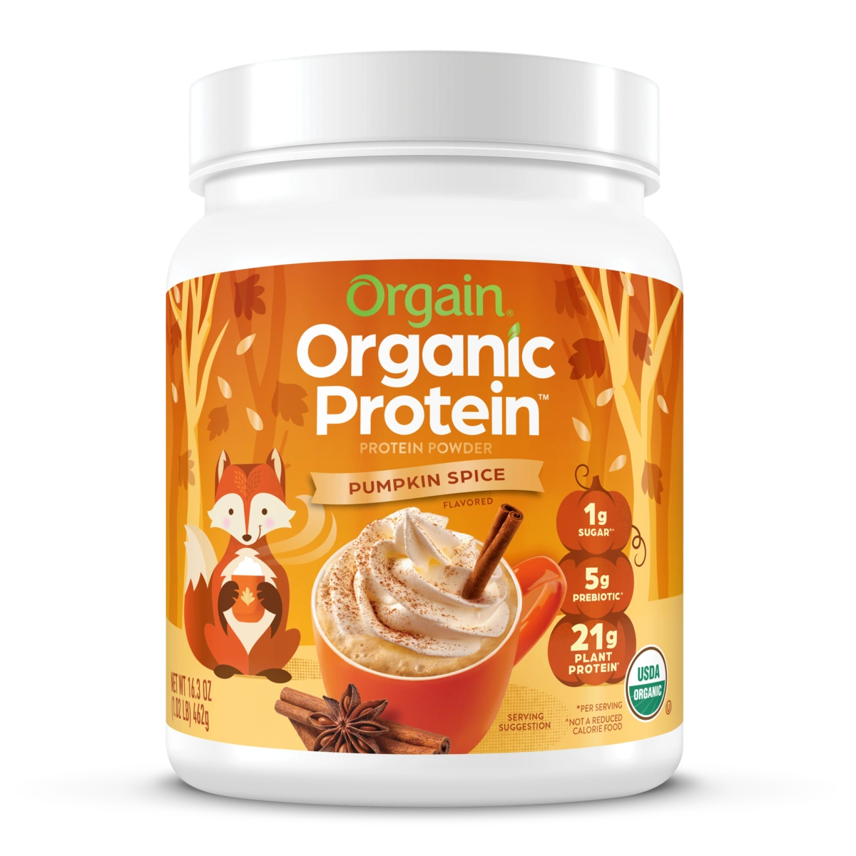 Front of Orgain Organic Protein Powder in the pumpkin spice flavor