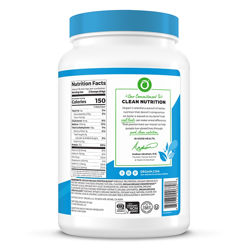 Right side of Organic Protein & Greens Plant Based Protein Powder - Vanilla Bean  Flavor in the 1.94lb Canister Size