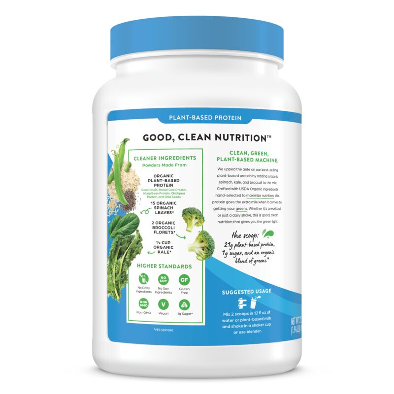 Left side of Organic Protein & Greens Plant Based Protein Powder - Vanilla Bean  Flavor in the 1.94lb Canister Size