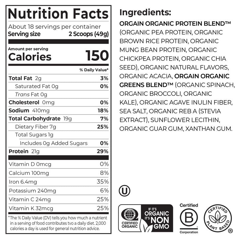 Nutrition fact panel and list of ingredients of Organic Protein & Greens Plant Based Protein Powder - Vanilla Bean  Flavor in the 1.94lb Canister Size