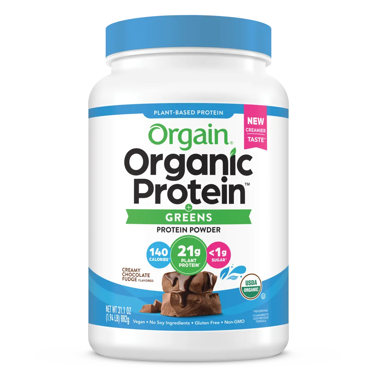 Front of Organic Protein & Greens Plant Based Protein Powder Creamy Chocolate Fudge Flavor in the 1.94lb Canister Size