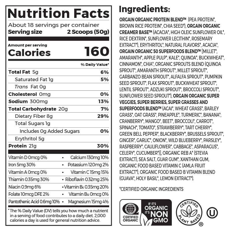 Nutrition fact panel and list of ingredients of Organic Protein & Superfoods Plant Based Protein Powder - Vanilla bean Flavor in the 1.12lb Canister Size