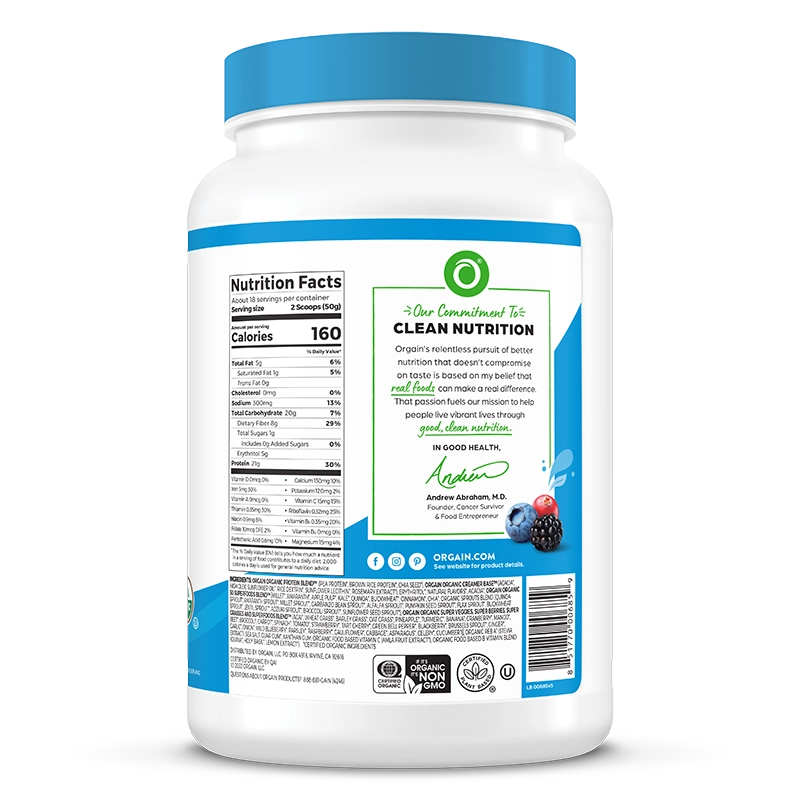 Right side of Organic Protein & Superfoods Plant Based Protein Powder - Vanilla bean  Flavor in the 1.12lb Canister Size