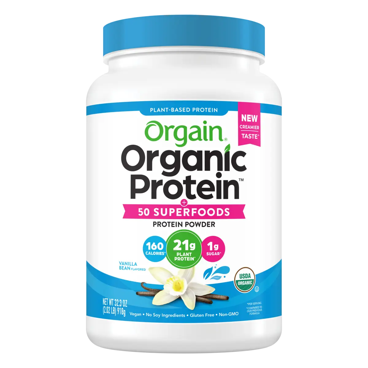 Front of Organic Protein & Superfoods Plant Based Protein Powder - Vanilla bean  Flavor in the 2.02lb Canister Size