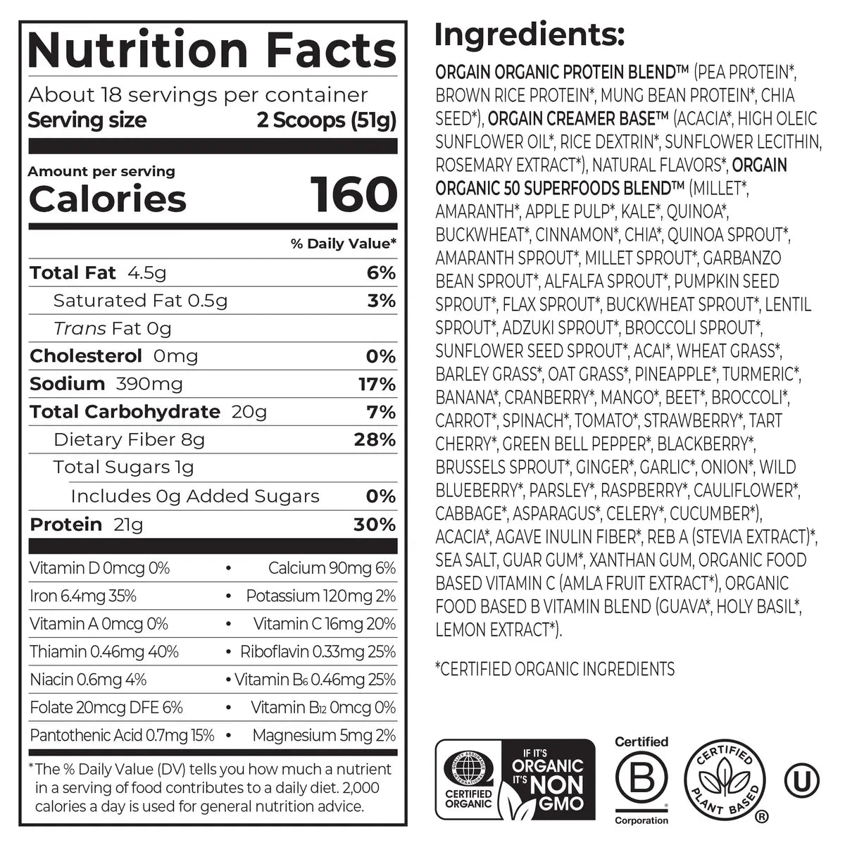 Nutrition fact panel and list of ingredients of Organic Protein & Superfoods Plant Based Protein Powder - Vanilla bean  Flavor in the 2.02lb Canister Size