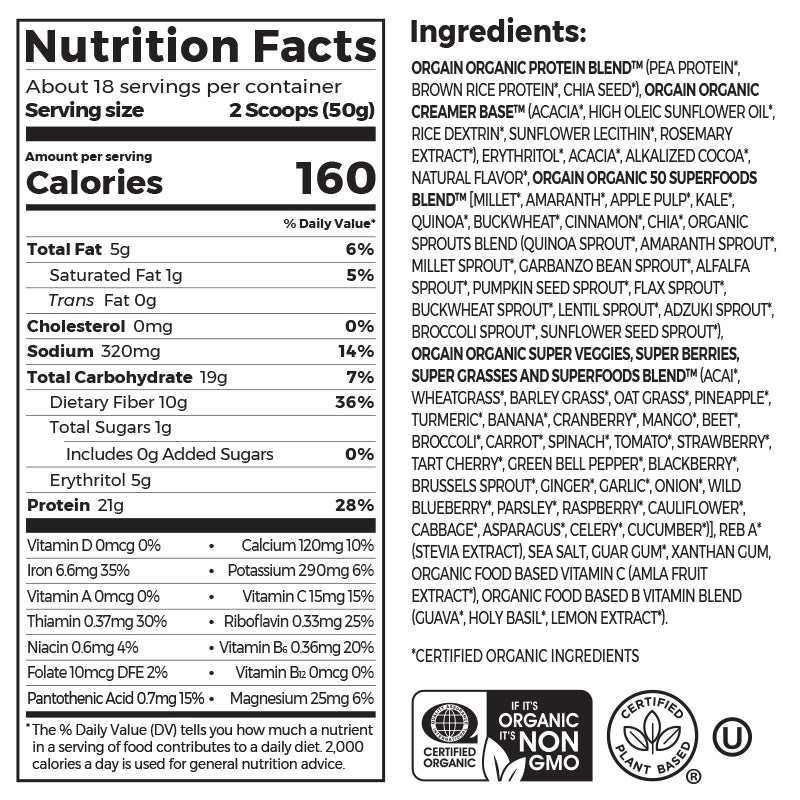 Nutrition fact panel and list of ingredients of Organic Protein & Superfoods Plant Based Protein Powder Creamy Chocolate Fudge Flavor in the 1.12lb Canister Size