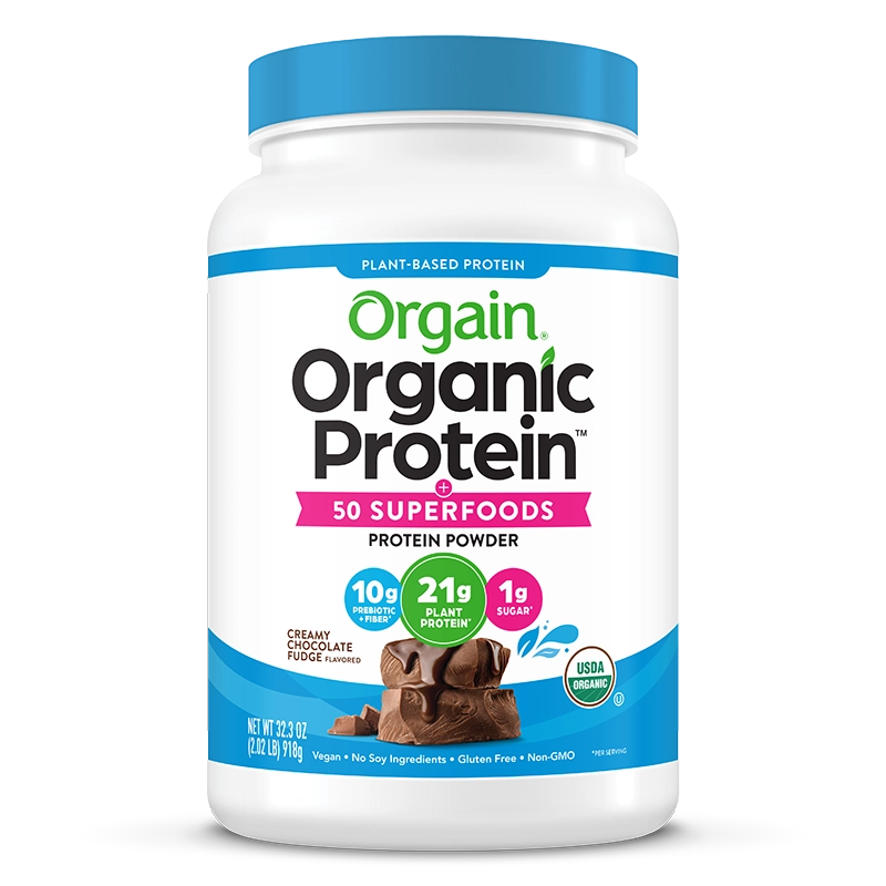 Front of Organic Protein & Superfoods Plant Based Protein Powder Creamy Chocolate Fudge Flavor in the 2.02lb Canister Size