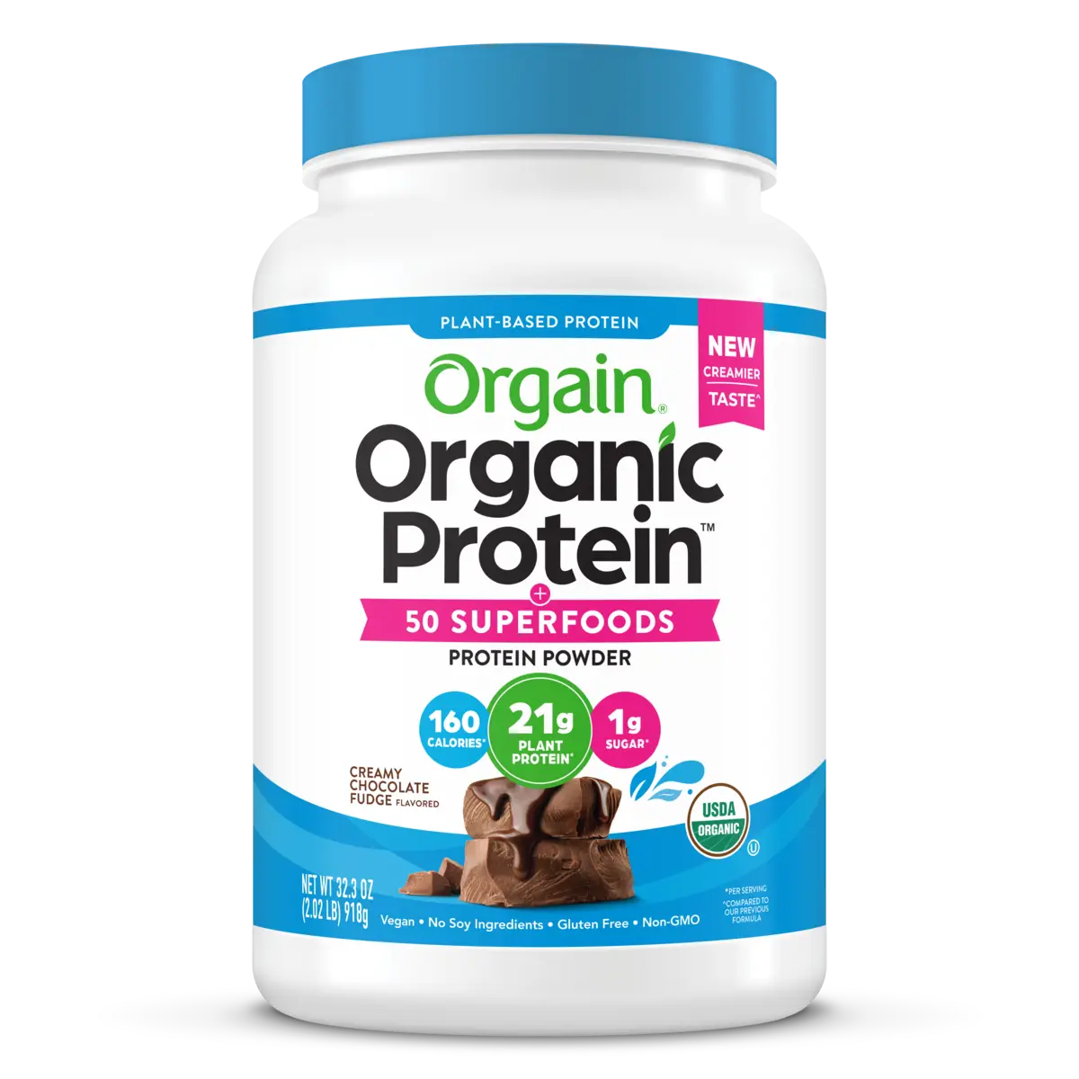 Front of Organic Protein & Superfoods Plant Based Protein Powder Creamy Chocolate Fudge Flavor in the 2.02lb Canister Size