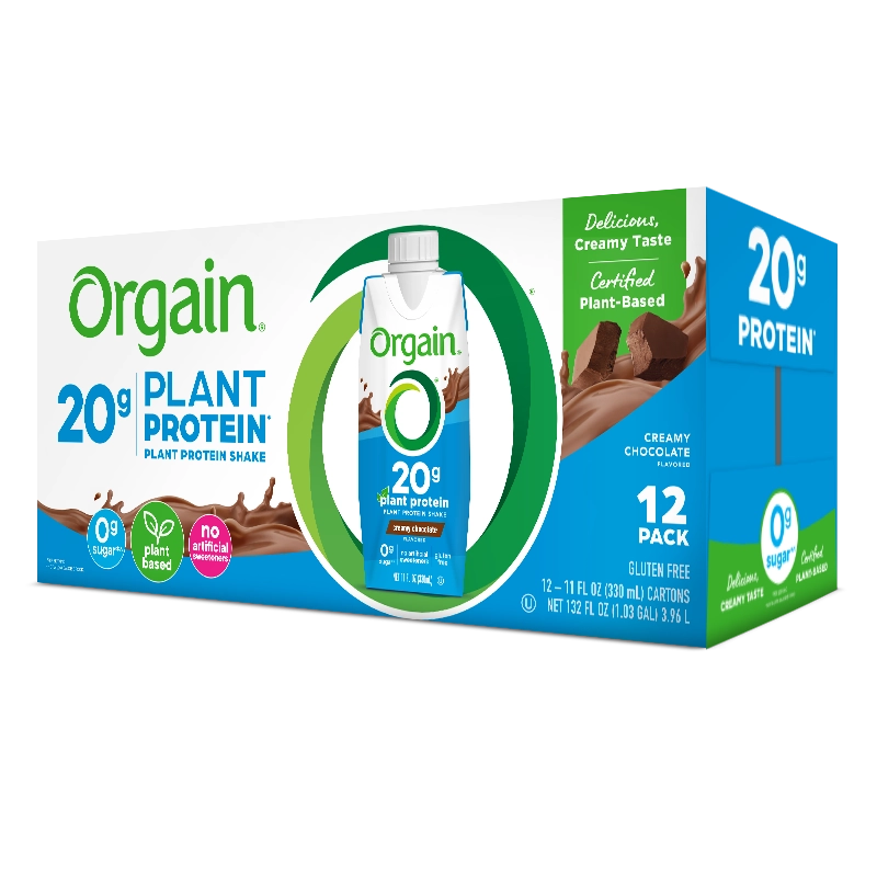 Angled Right side of 20g Plant-Based Protein Shake Creamy Chocolate Flavor in the 12 Shakes Size