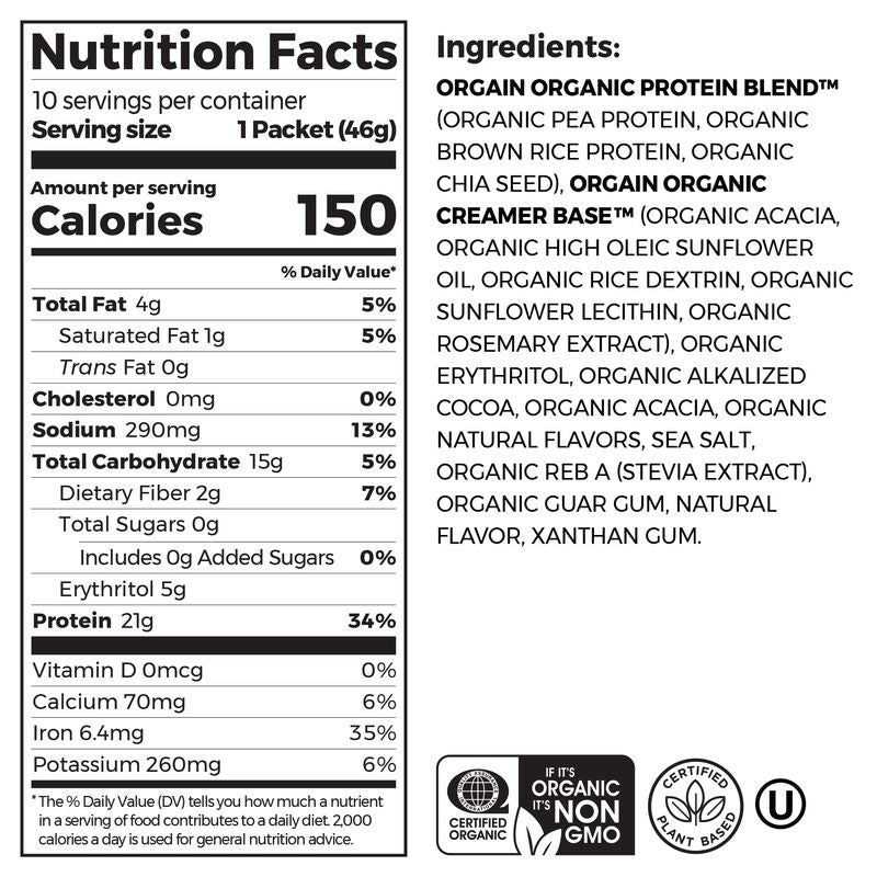 Nutrition fact panel and list of ingredients of Single Serve Organic Protein Plant Based Protein Powder Vanilla Bean Flavor in the 10 Single-serve packets Size
