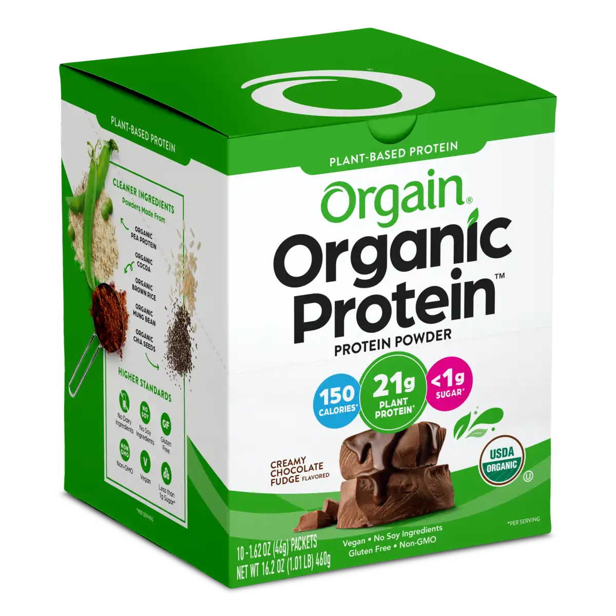 Angled Left side of Organic Protein Plant Based Protein Powder Creamy Chocolate Fudge Flavor in the 10 single-serve packets Size