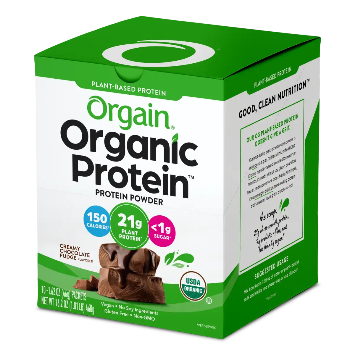 Angled Right side of Organic Protein Plant Based Protein Powder Creamy Chocolate Fudge Flavor in the 10 single-serve packets Size