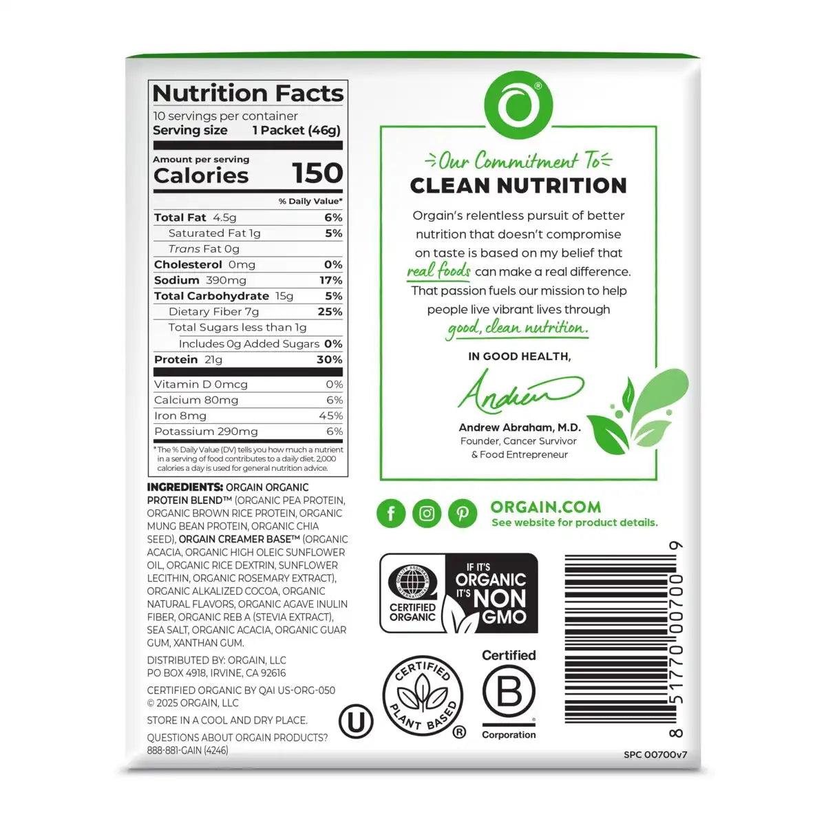 Single Serve Organic Protein™ Plant Based Protein Powder - Chocolate