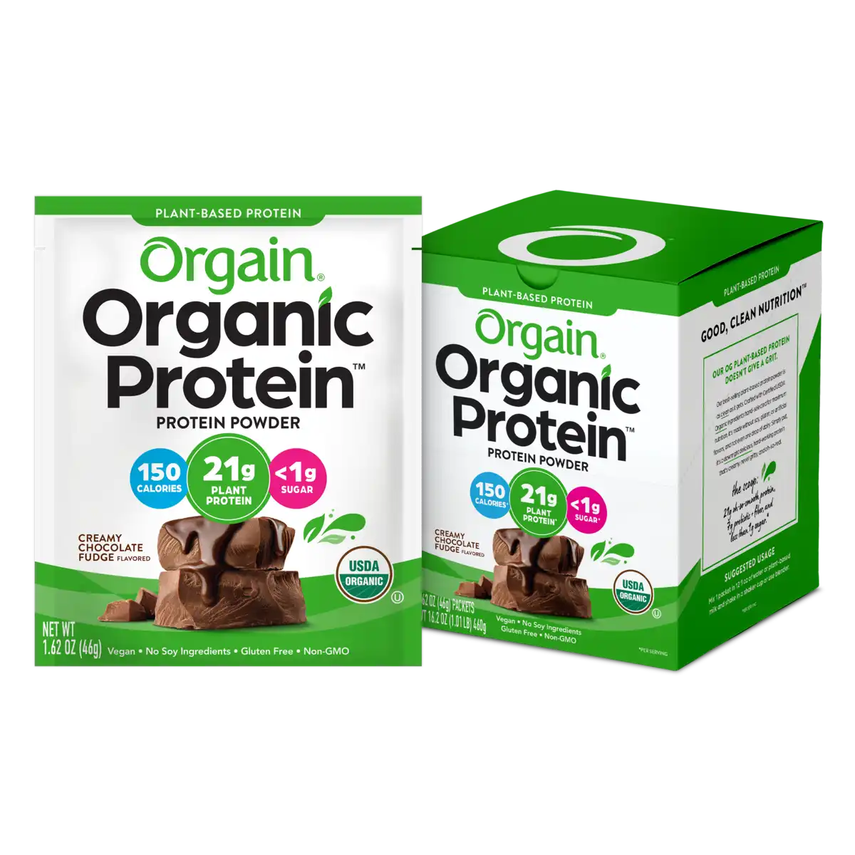 Orgain Organic Protein Powder in Creamy Chocolate Fudge flavor, shown as a single-serve packet alongside a 10-count carton. The packaging features green and white branding and highlights key product benefits, including 21g plant protein, 150 calories, less than 1g sugar, and USDA Organic certification. The product is displayed with chocolate fudge pieces and is labeled vegan, gluten-free, non-GMO, and soy-free.