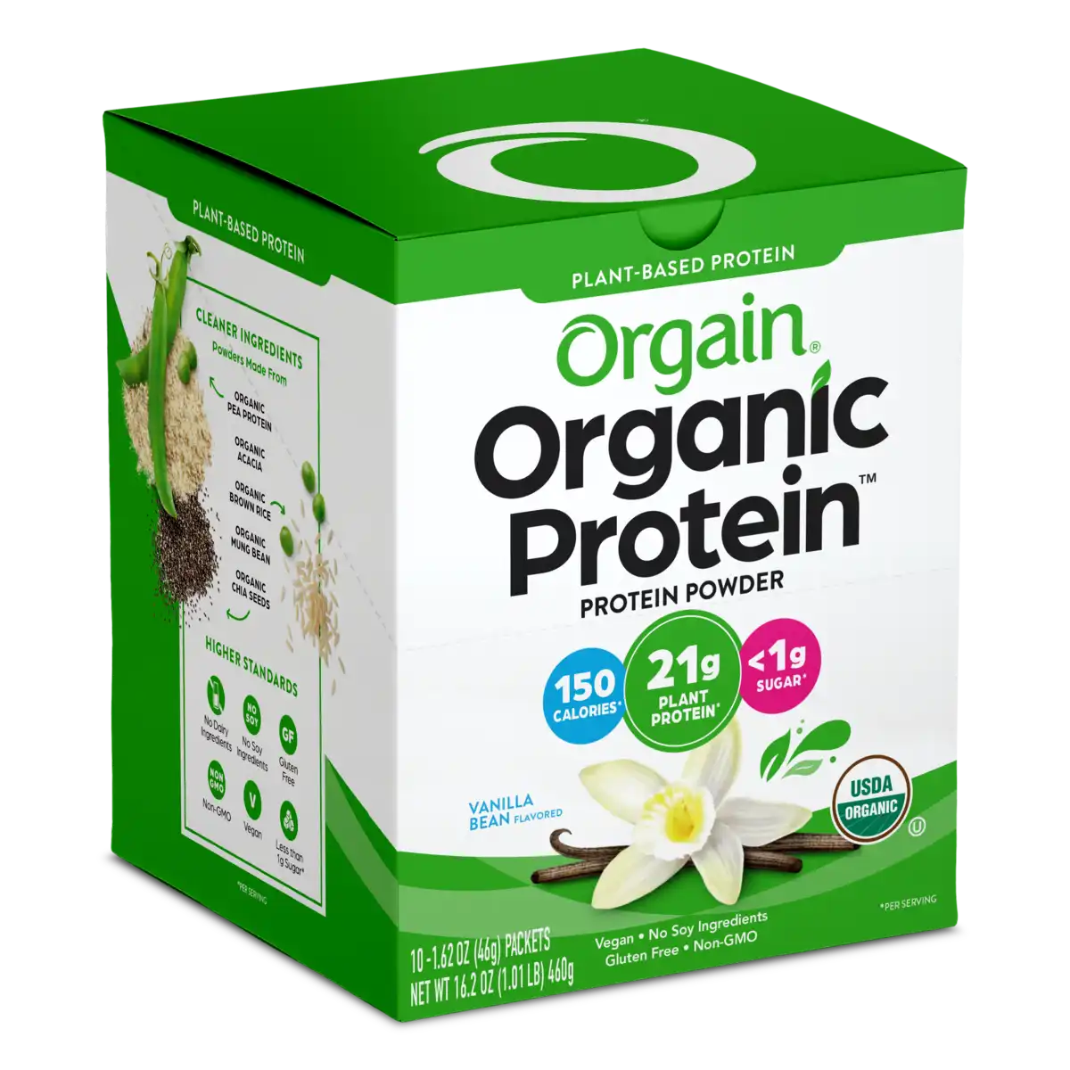 Angle view of Orgain organic protein powder vanilla bean flavor in 10-pack single serve size