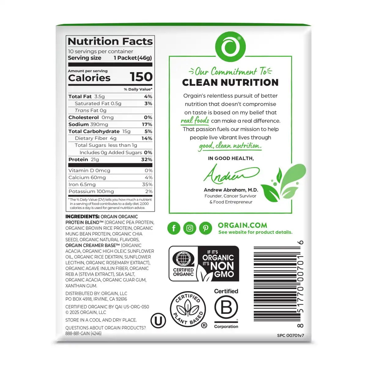 back view of Orgain organic protein powder vanilla bean flavor in 10-pack single serve size