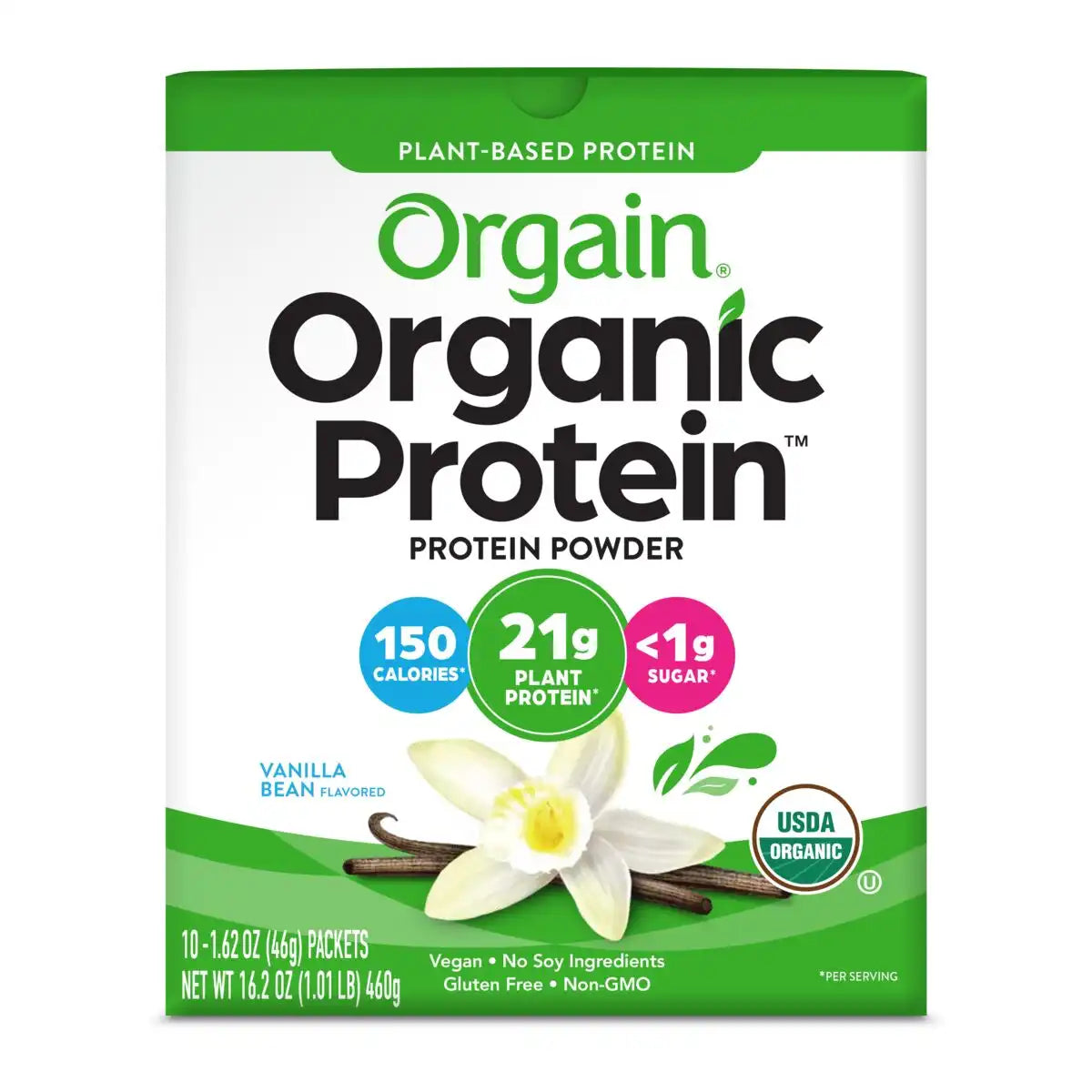 front view of Orgain organic protein powder vanilla bean flavor in 10-pack single serve size