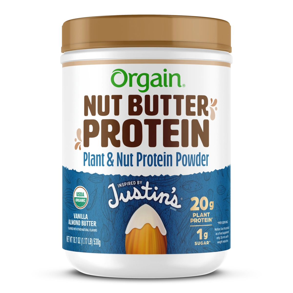 Front of Orgain Nut Butter Protein Plant & Nut Protein Powder in the vanilla almond butter flavor