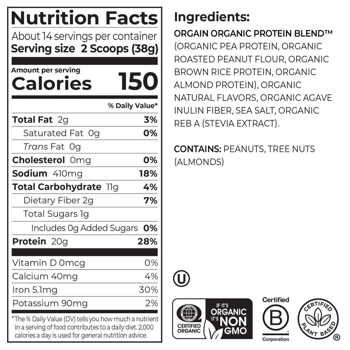 Nutrition Fact Panel and list of Ingredients for Orgain Nut Butter Protein Plant & Nut Protein Powder in the vanilla almond butter flavor