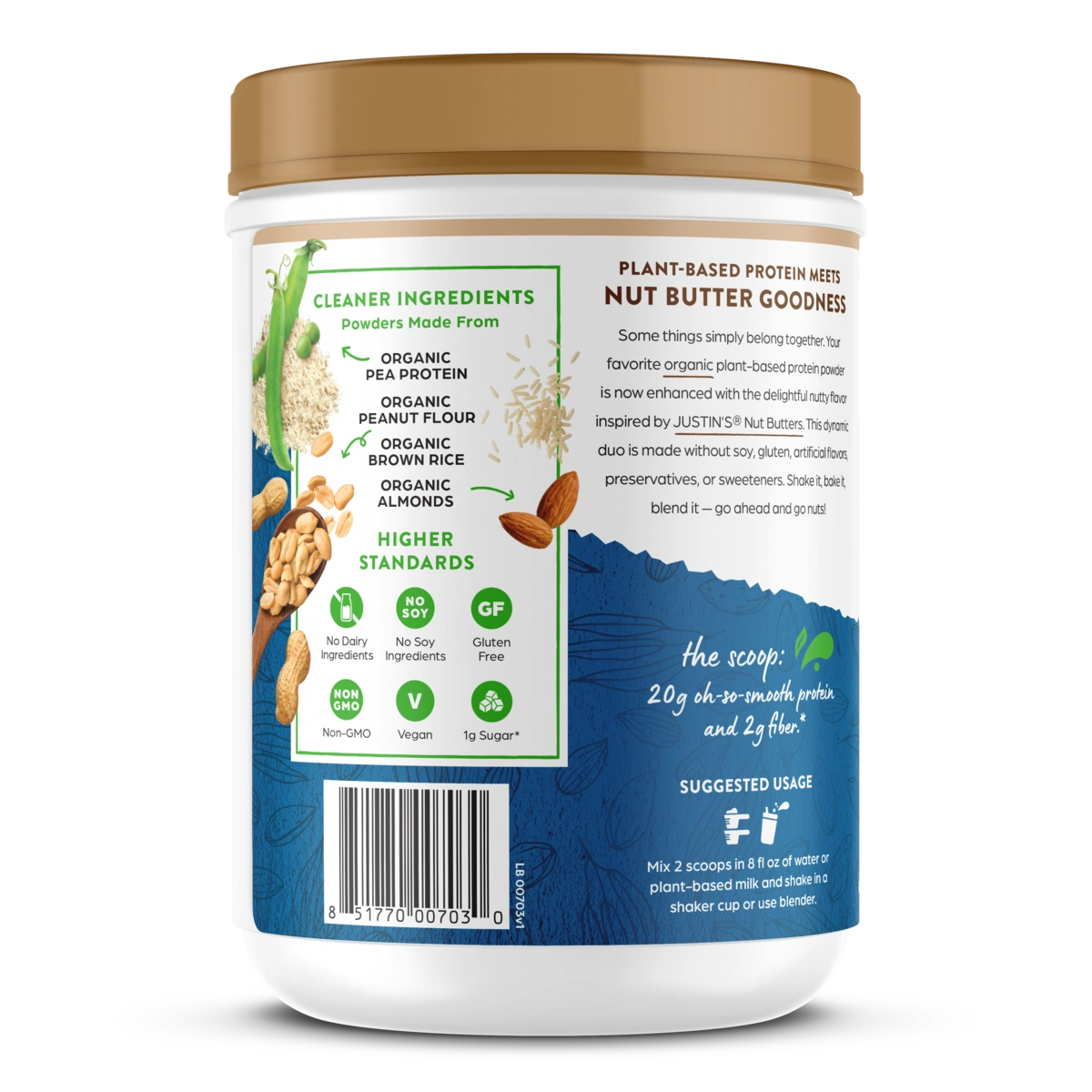 Left side of Orgain Nut Butter Protein Plant & Nut Protein Powder in the vanilla almond butter flavor