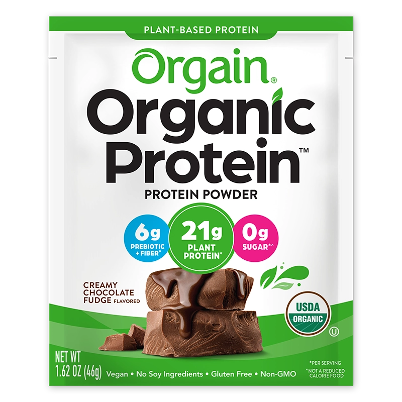 Front of Single Serve Organic Protein Plant Based Protein Powder Vanilla Bean Flavor in the 10 Single-serve packets Size
