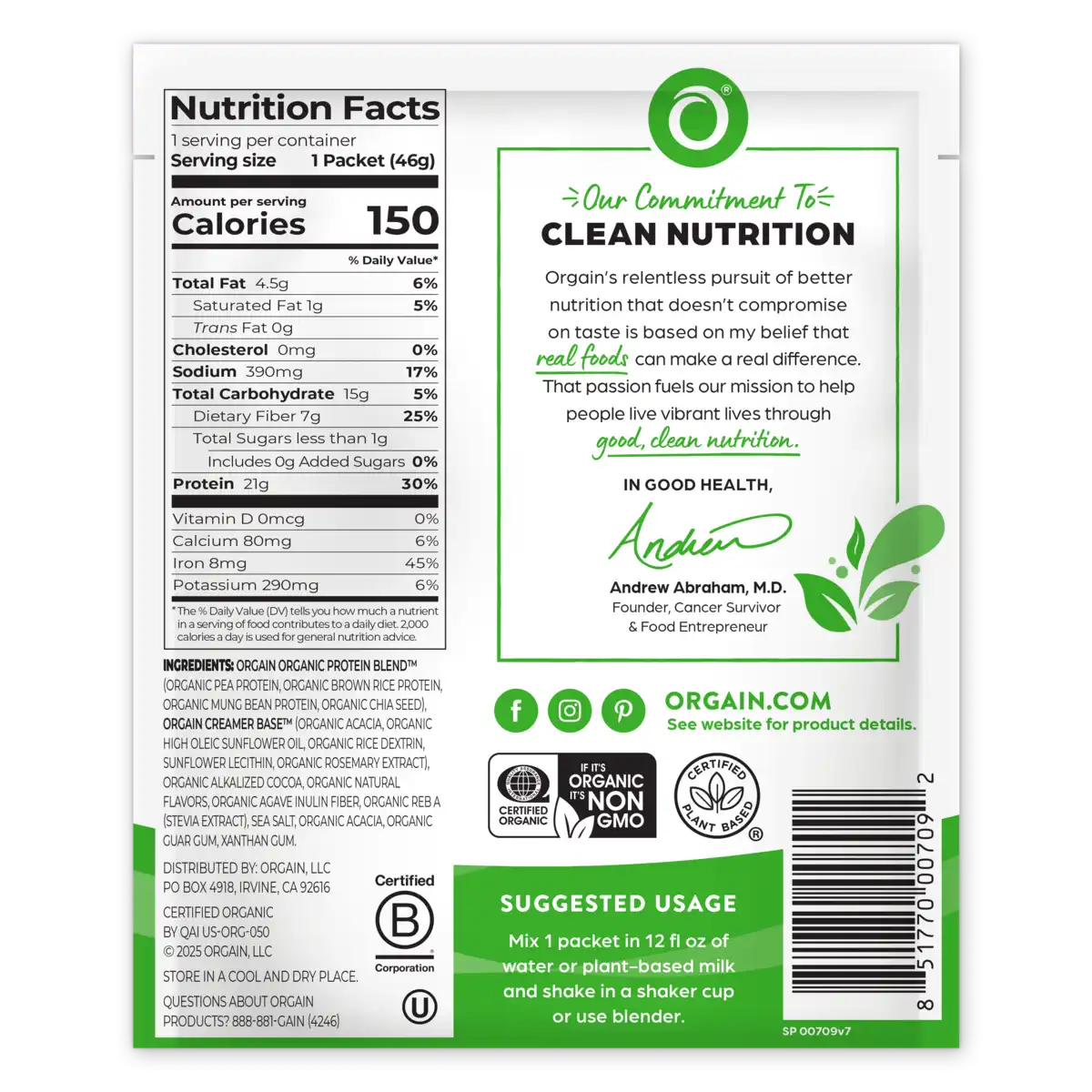 Back of Organic Protein Plant Based Protein Powder Creamy Chocolate Fudge Flavor in the 10 single-serve packets Size