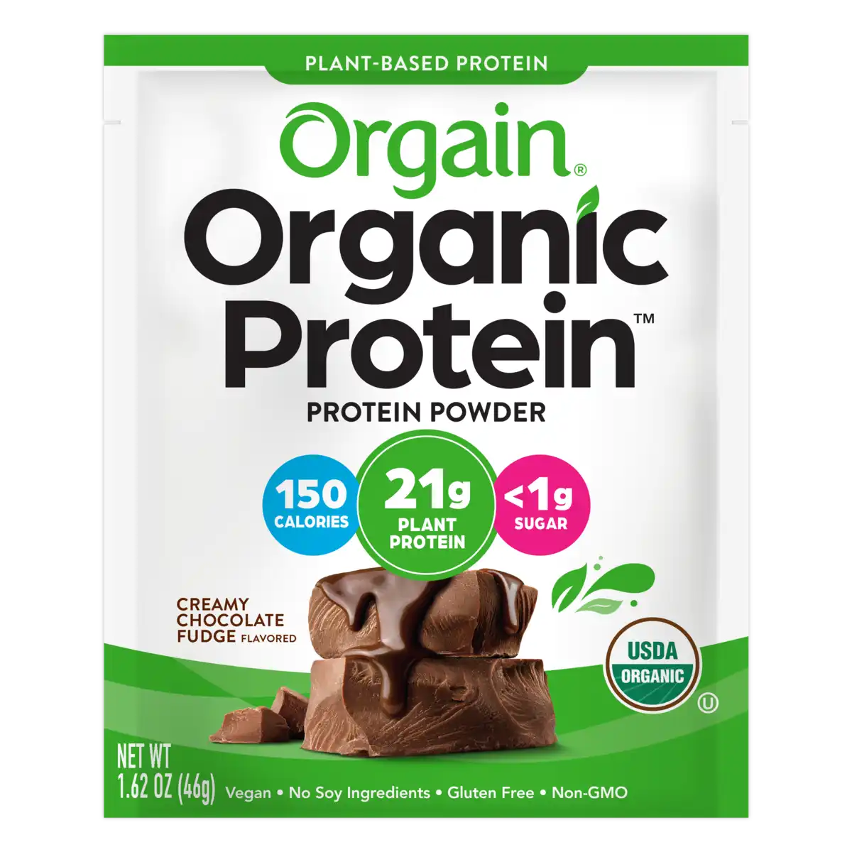 Front of Organic Protein Plant Based Protein Powder Creamy Chocolate Fudge Flavor in the 10 single-serve packets Size