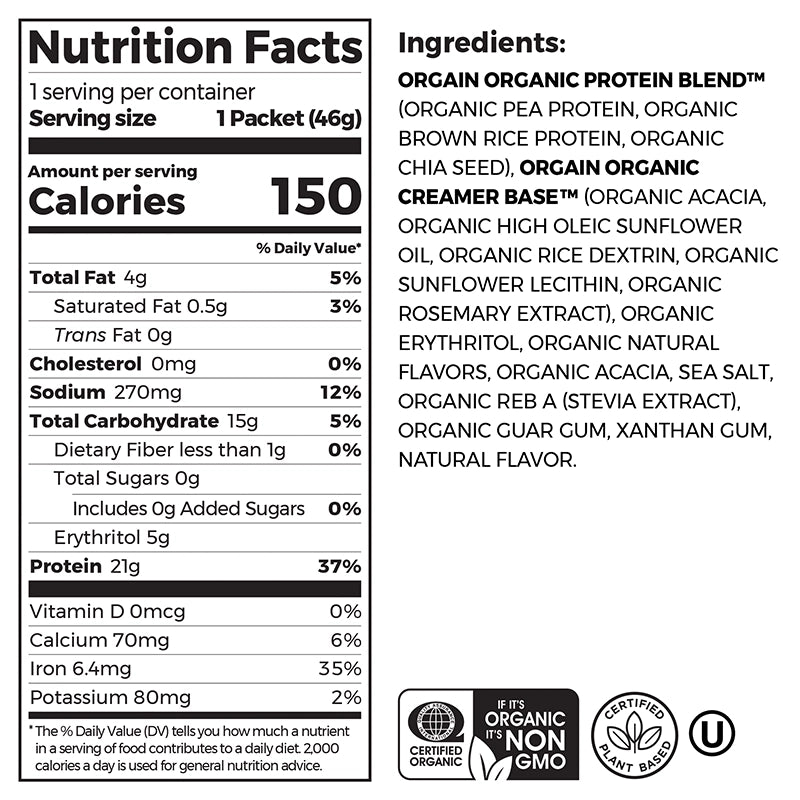 Nutrition fact panel and list of ingredients of Single Serve Organic Protein Plant Based Protein Powder Vanilla Bean Flavor in the 10 Single-serve packets Size