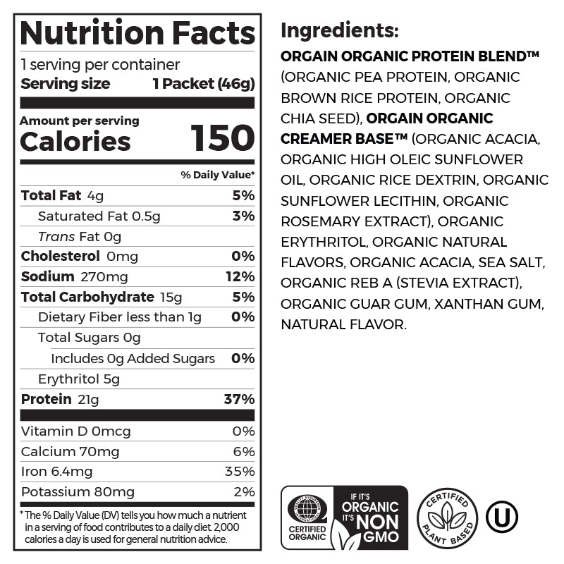 Nutrition fact panel and list of ingredients of Single Serve Organic Protein Plant Based Protein Powder - Vanilla Bean  Flavor in the 10 single-serve packets Size