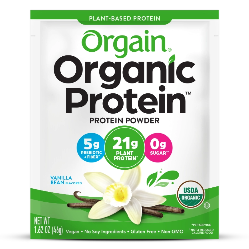 Front of Single Serve Organic Protein Plant Based Protein Powder - Vanilla Bean  Flavor in the 10 single-serve packets Size