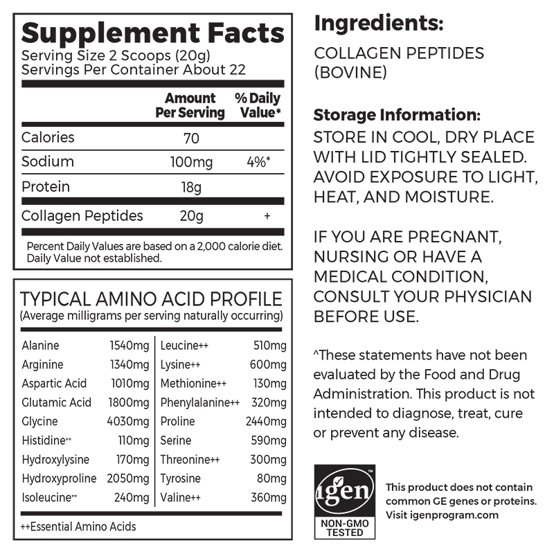 Nutrition fact panel and list of ingredients of Grass Fed Pasture Raised Collagen Peptides Unflavored Flavor in the 1lb Canister Size