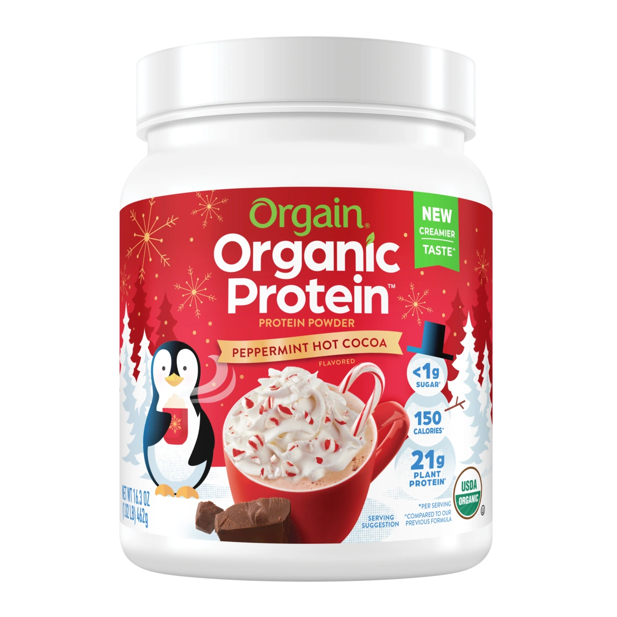 Front of Organic Protein Plant Based Protein Powder - Peppermint Hot Cocoa Flavor in the 1.02lb Canister Size