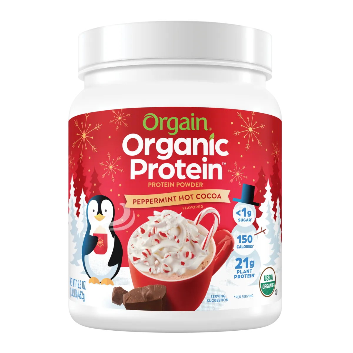 Front of Organic Protein Plant Based Protein Powder - Peppermint Hot Cocoa Flavor in the 1.02lb Canister Size