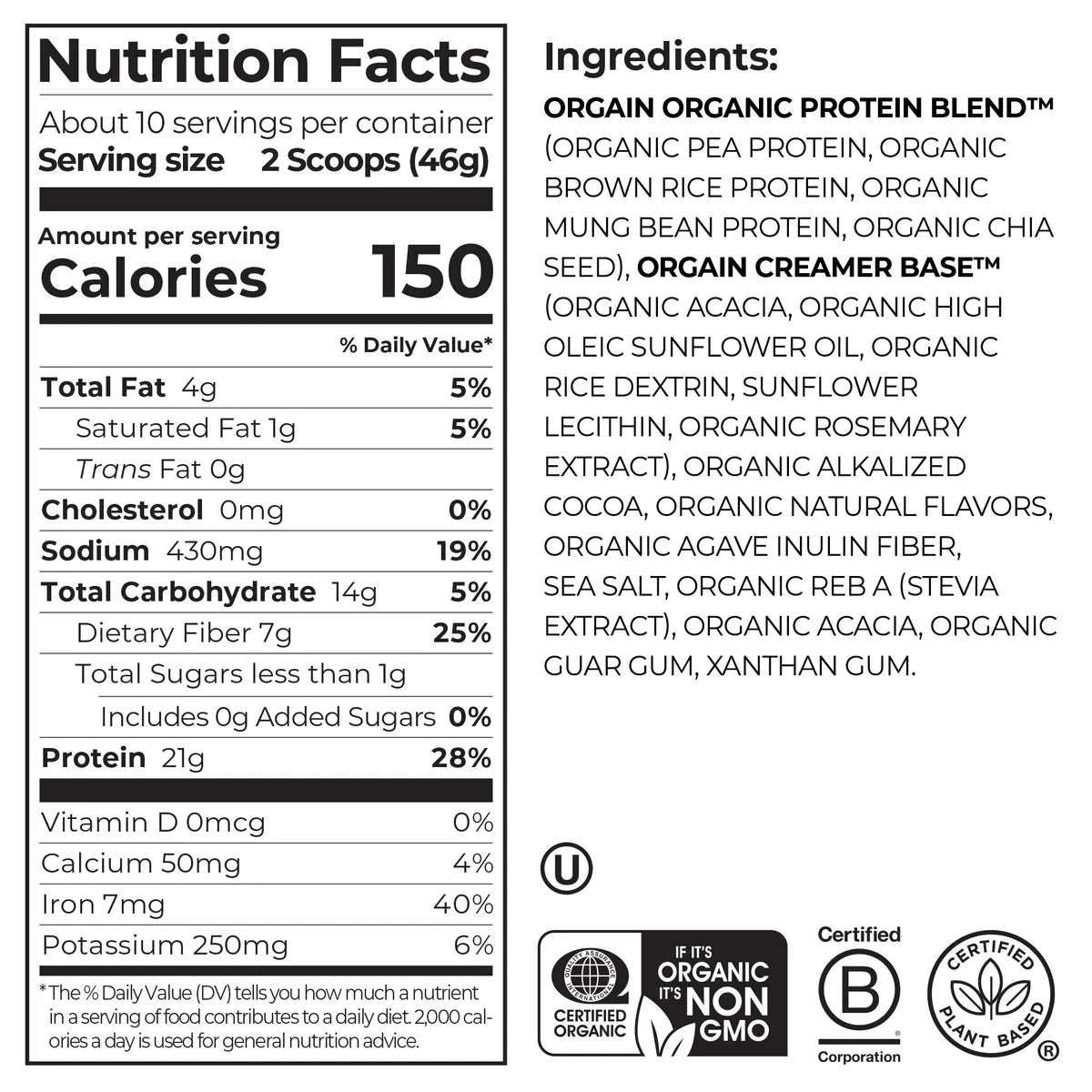 Nutrition fact panel and list of ingredients of Organic Protein Plant Based Protein Powder - Peppermint Hot Cocoa  Flavor in the 1.02lb Canister Size