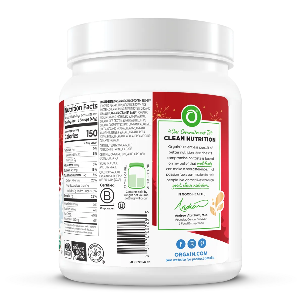 Right side of Organic Protein Plant Based Protein Powder - Peppermint Hot Cocoa  Flavor in the 1.02lb Canister Size