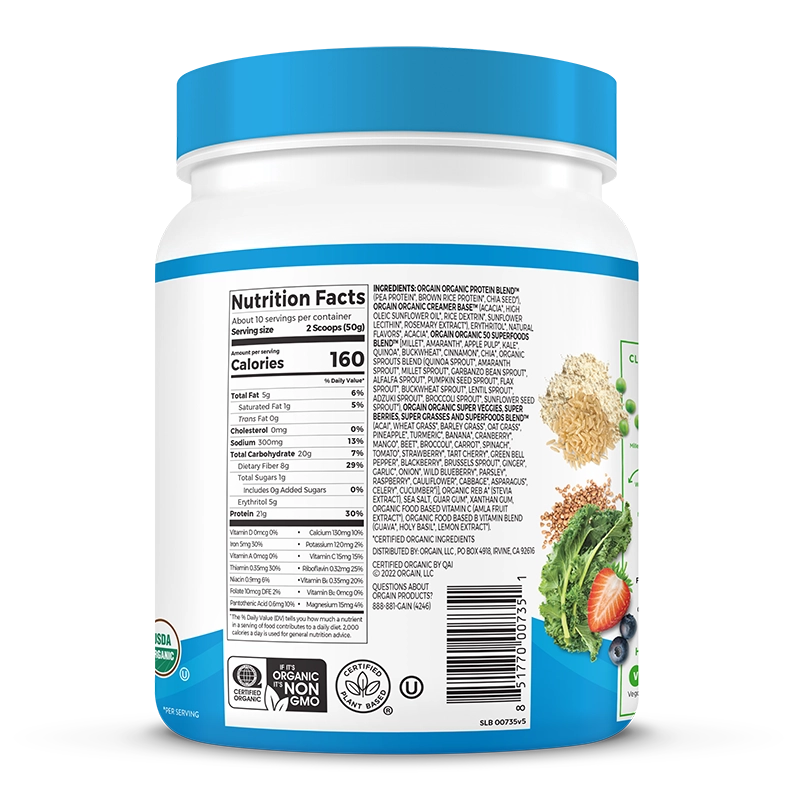 Right side of Organic Protein & Superfoods Plant Based Protein Powder - Vanilla bean  Flavor in the 1.12lb Canister Size