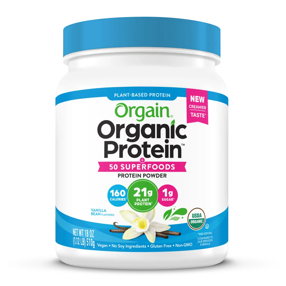 Front of Organic Protein & Superfoods Plant Based Protein Powder - Vanilla bean  Flavor in the 1.12lb Canister Size