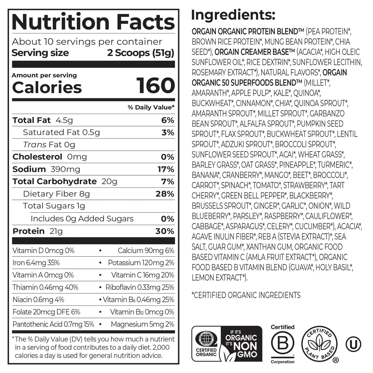 Nutrition fact panel and list of ingredients of Organic Protein & Superfoods Plant Based Protein Powder - Vanilla bean  Flavor in the 1.12lb Canister Size