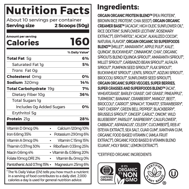 Nutrition fact panel and list of ingredients of Organic Protein & Superfoods Plant Based Protein Powder Creamy Chocolate Fudge Flavor in the 1.12lb Canister Size