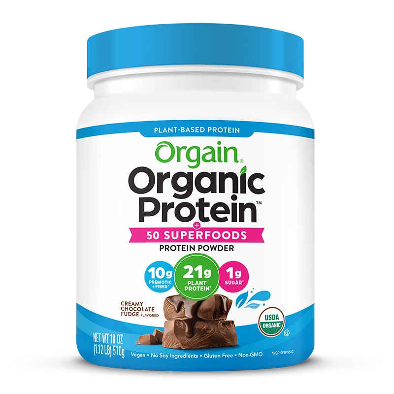 Front of Organic Protein & Superfoods Plant Based Protein Powder Creamy Chocolate Fudge Flavor in the 1.12lb Canister Size