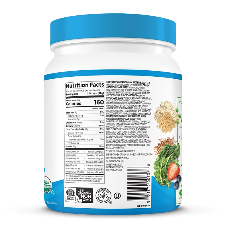 Right side of Organic Protein & Superfoods Plant Based Protein Powder Creamy Chocolate Fudge Flavor in the 1.12lb Canister Size