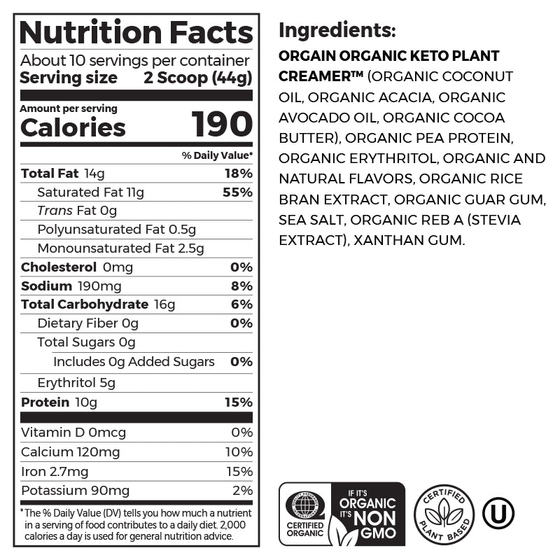 Nutrition fact panel and list of ingredients of Keto Plant Protein Organic Keto-genic Protein Powder - Vanilla  Flavor in the 0.97lb Canister Size