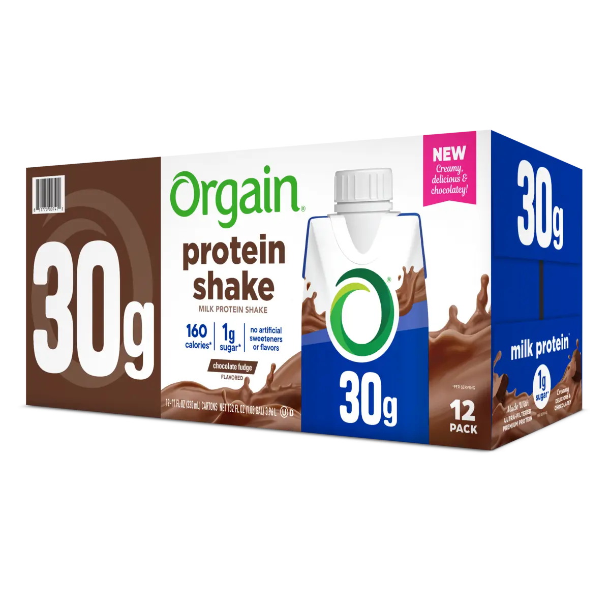 angle of 30g protein shake chocolate fudge flavor