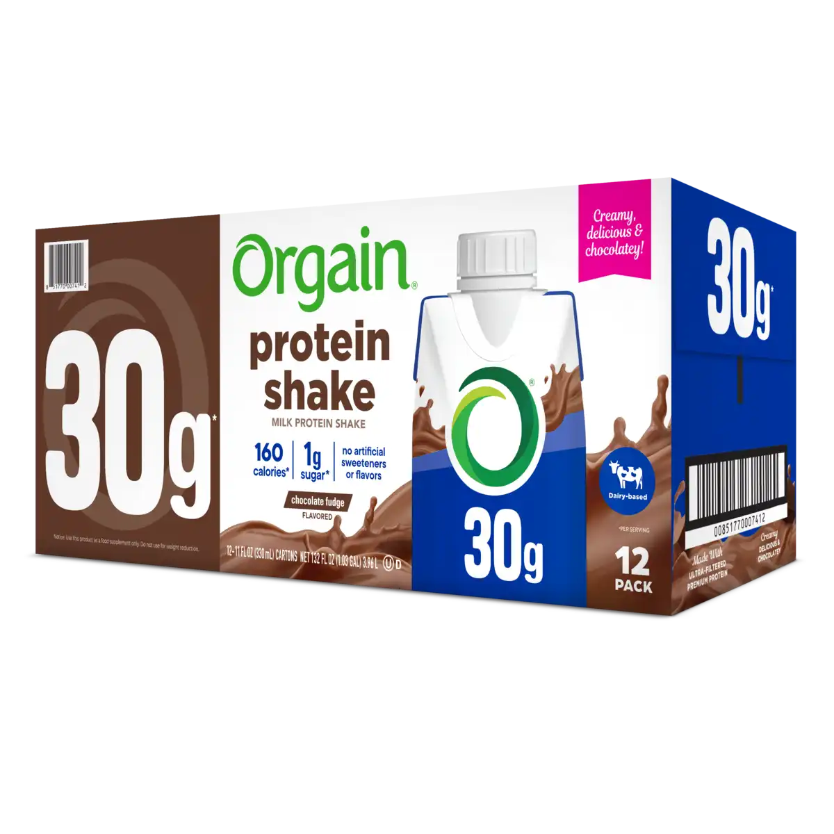 angle of 30g protein shake chocolate fudge flavor